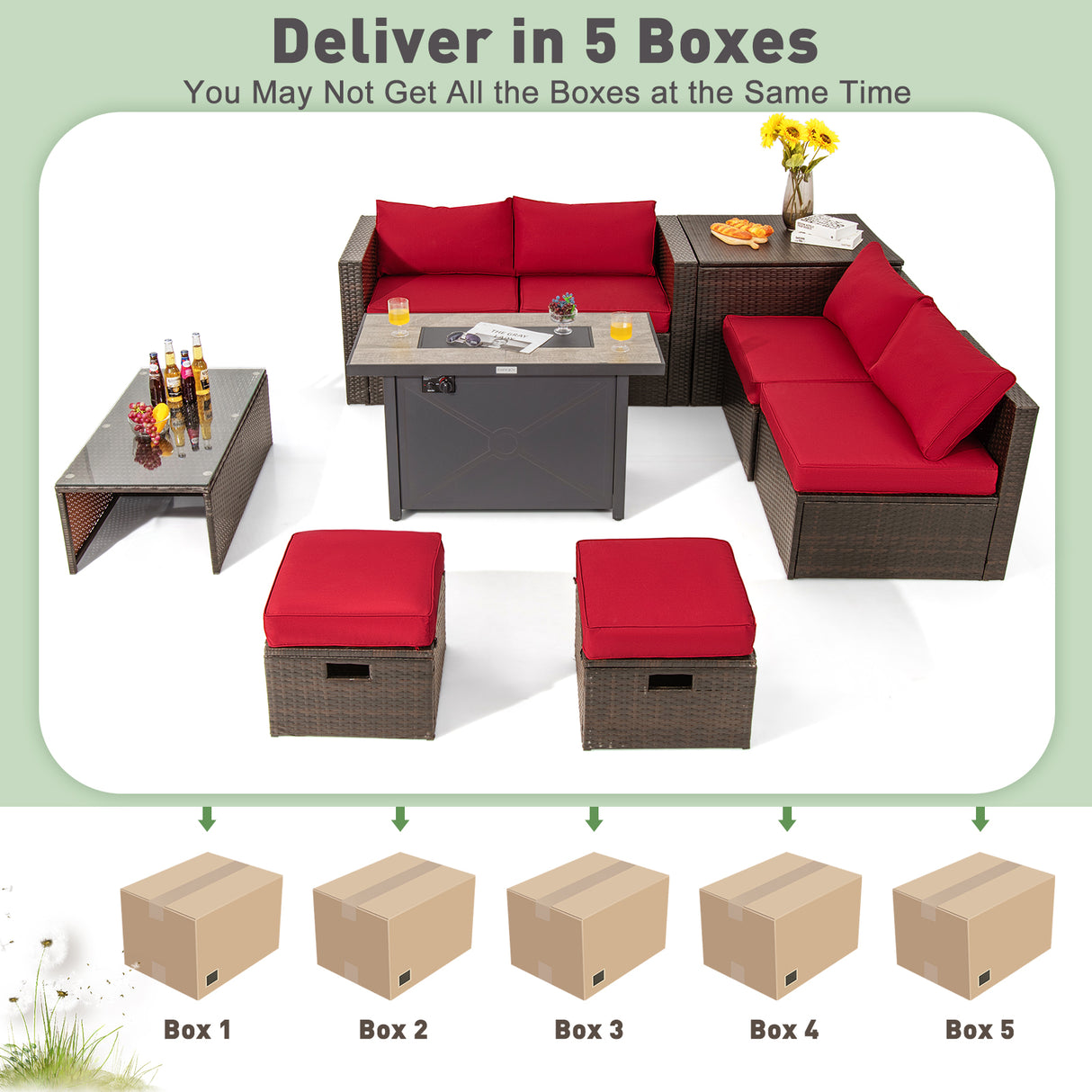 9 Pieces Outdoor Patio Furniture Set with 42 Inch Propane Fire Pit Table