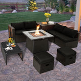 9 Pieces Patio PE Wicker Sectional Set with 50000 BTU Fire Pit Table