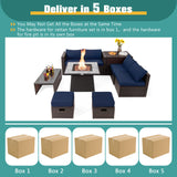 9 Pieces Patio PE Wicker Sectional Set with 50000 BTU Fire Pit Table