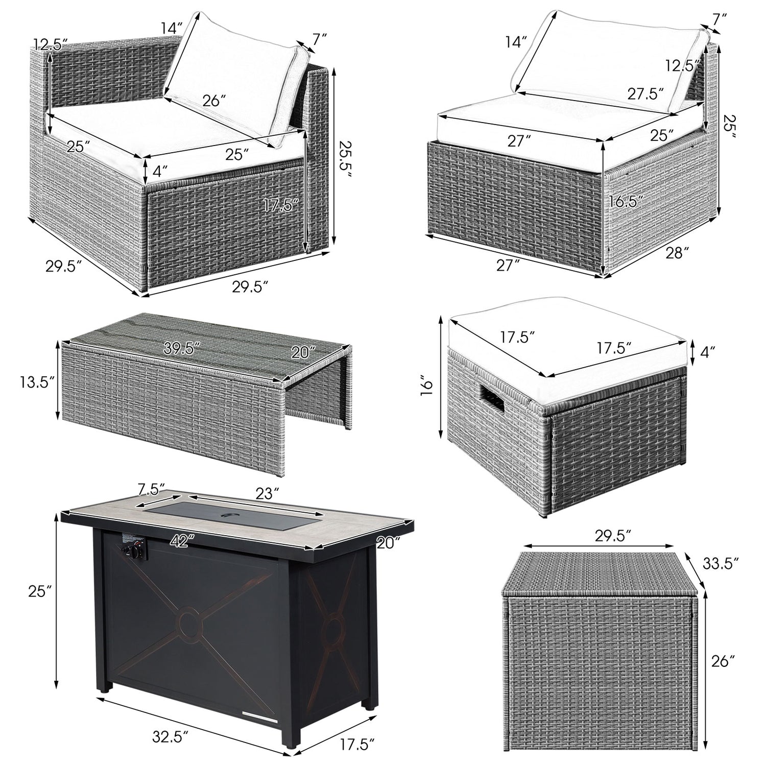 9 Pieces Patio Furniture Set with 42 Inches 60000 BTU Fire Pit