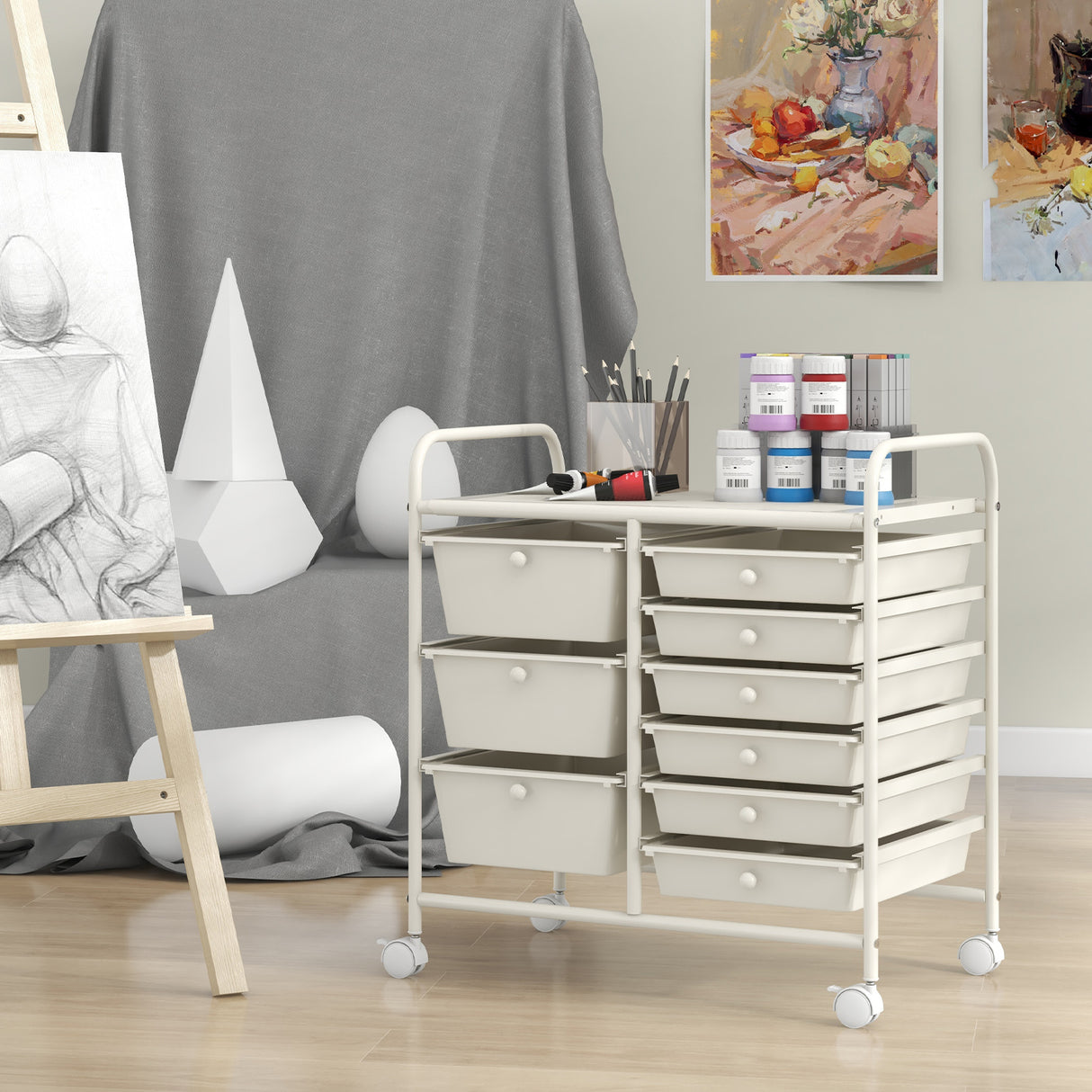 9-Drawer Rolling Storage Cart with Colorful Drawers and Metal Frame