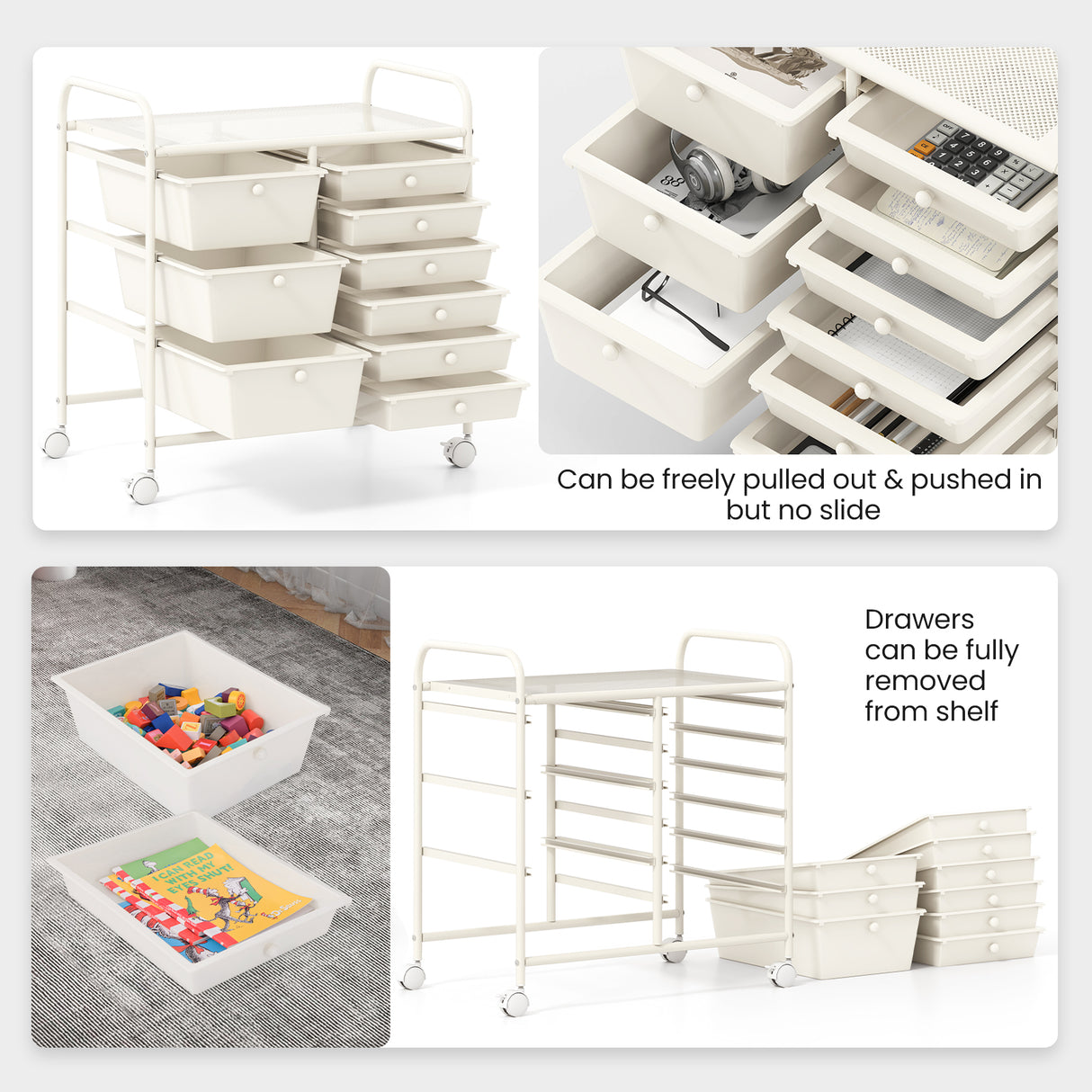 9-Drawer Rolling Storage Cart with Colorful Drawers and Metal Frame
