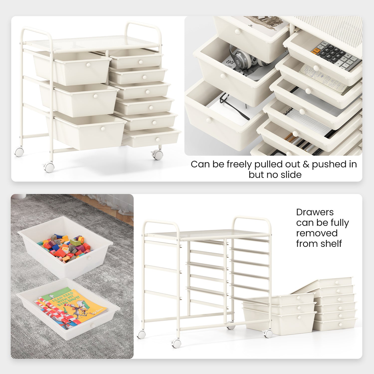 9-Drawer Rolling Storage Cart with Colorful Drawers and Metal Frame