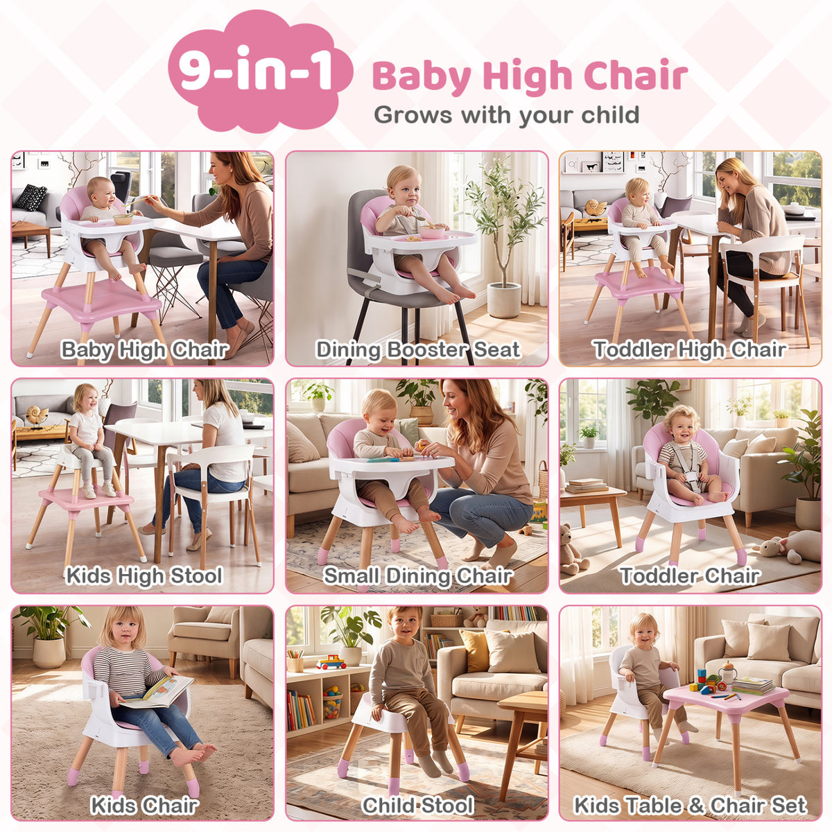 9-in-1 Convertible High Chair with Solid Wood Legs for Babies and Toddlers