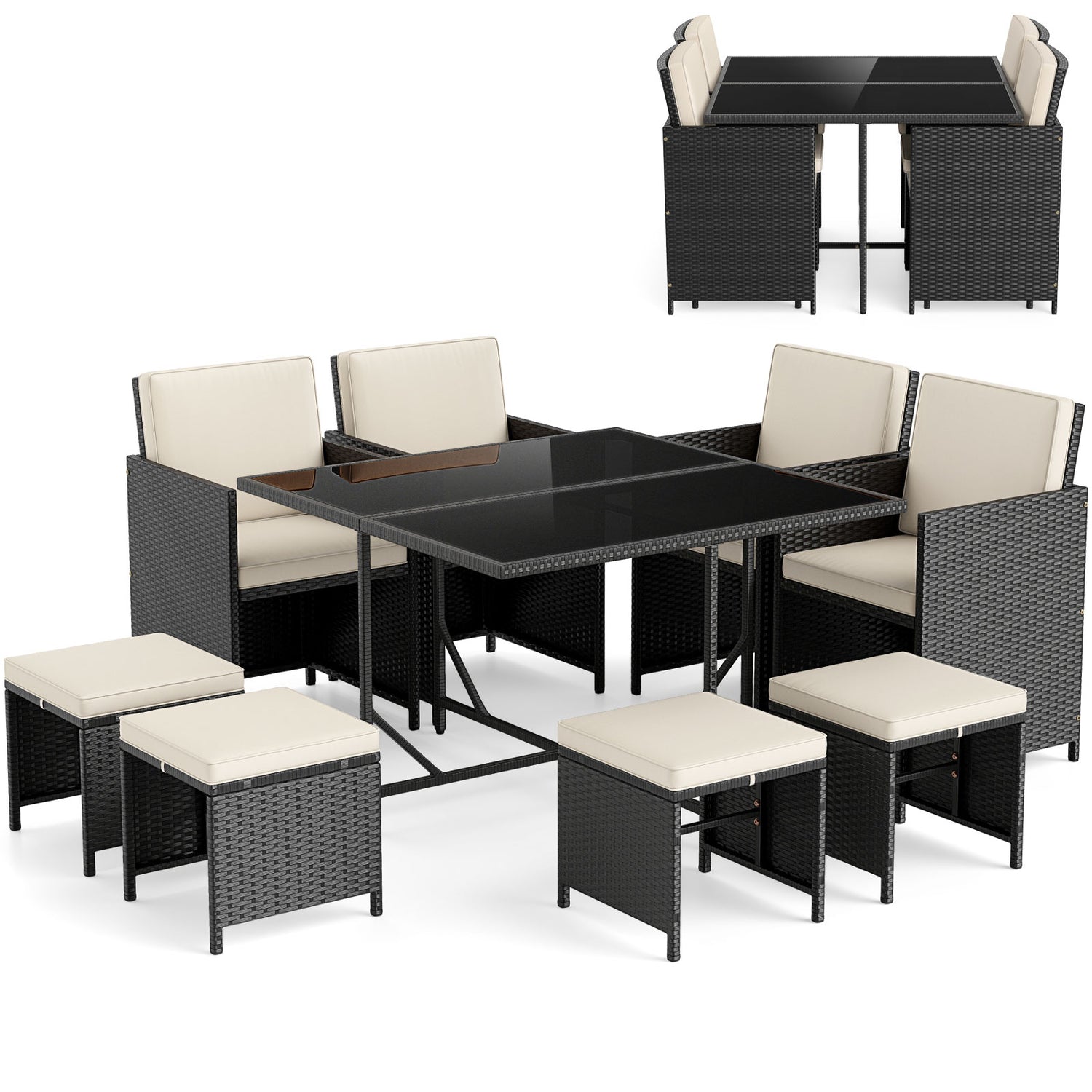 9 Piece Patio Dining Set with Tempered Glass Table and Ottoman