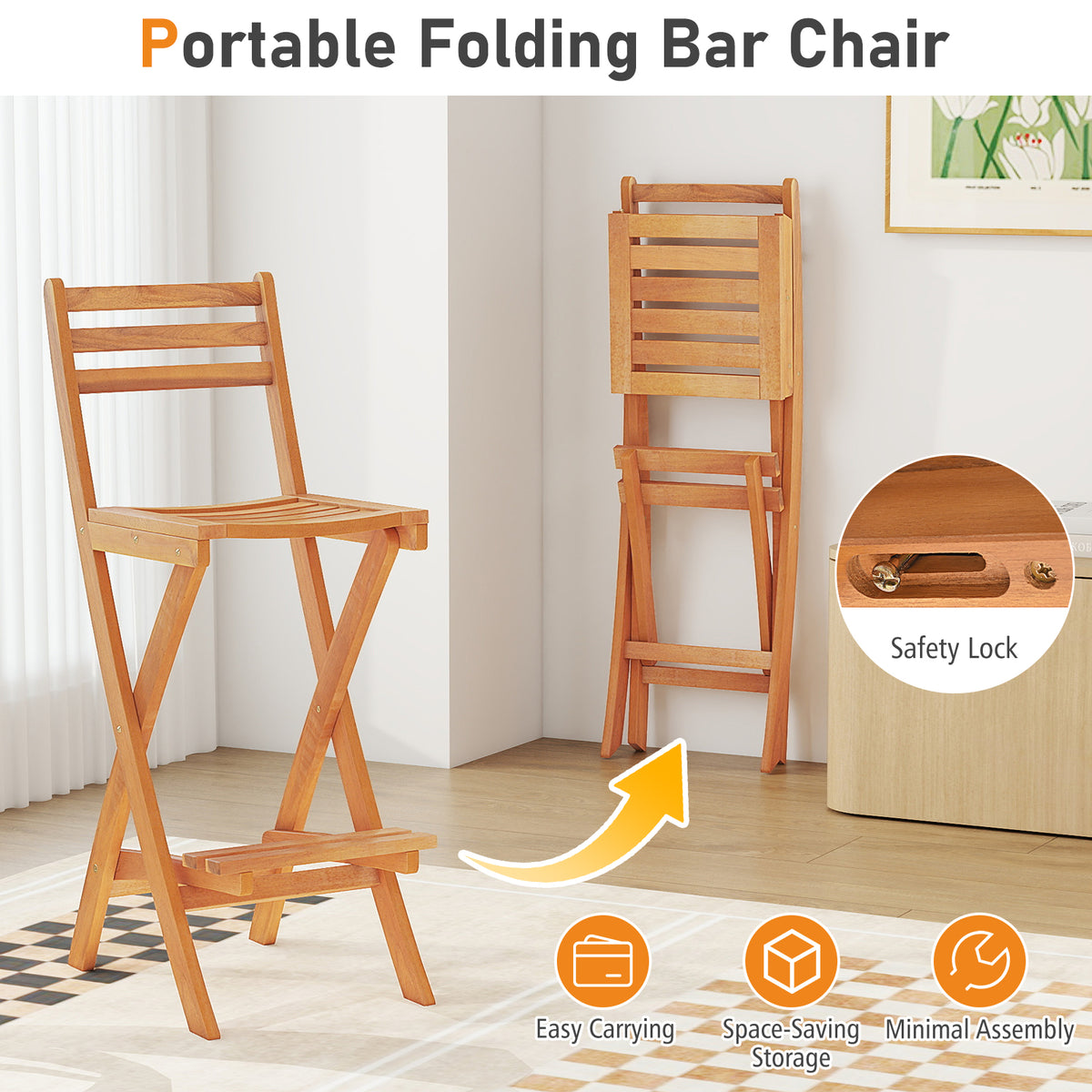 Acacia Wood Bar Height Chair with Backrest and Footrest for Backyard-Set of 1/2/4