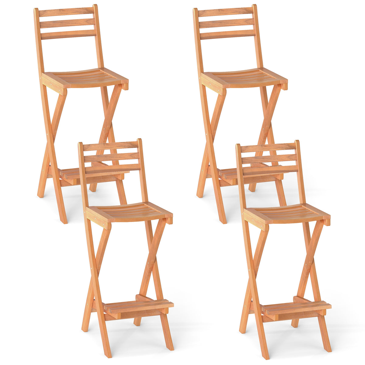 Acacia Wood Bar Height Chair with Backrest and Footrest for Backyard-Set of 1/2/4