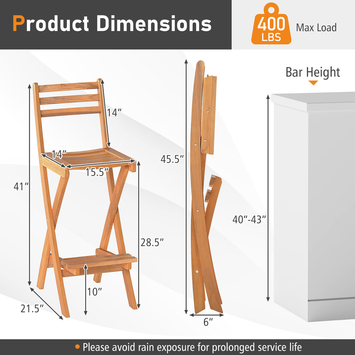 Acacia Wood Bar Height Chair with Backrest and Footrest for Backyard-Set of 1/2/4