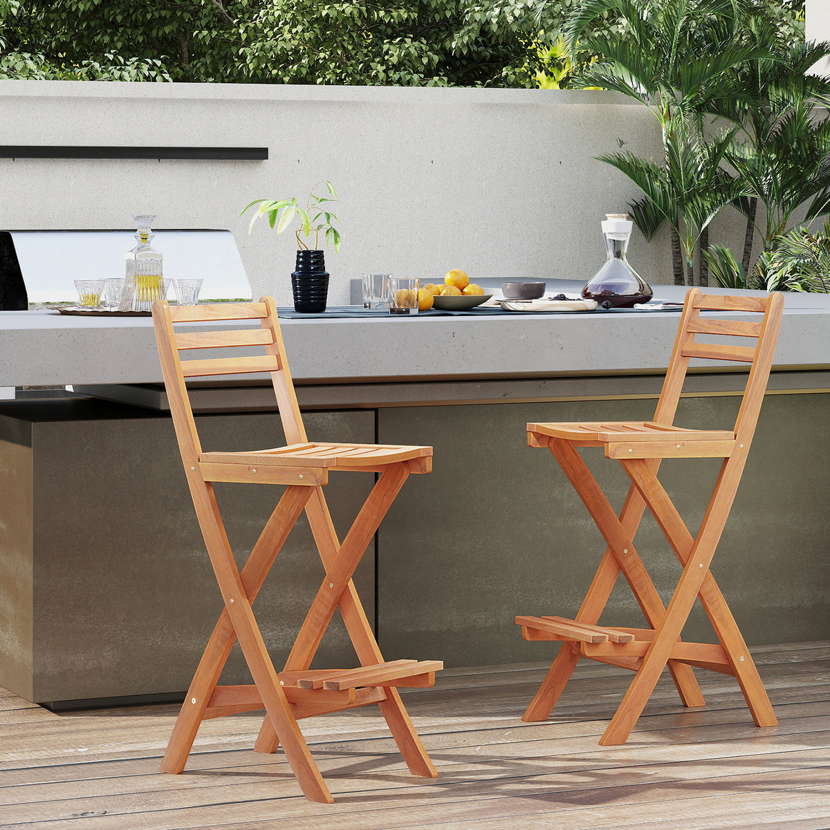Acacia Wood Bar Height Chair with Backrest and Footrest for Backyard-Set of 1/2/4