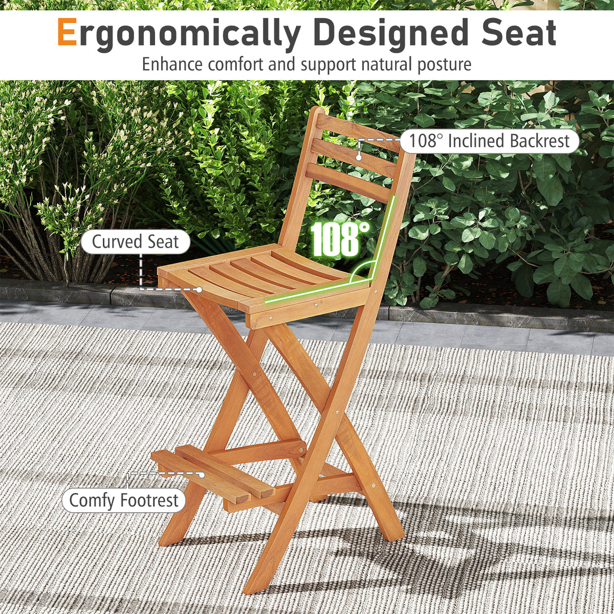 Acacia Wood Bar Height Chair with Backrest and Footrest for Backyard-Set of 1/2/4