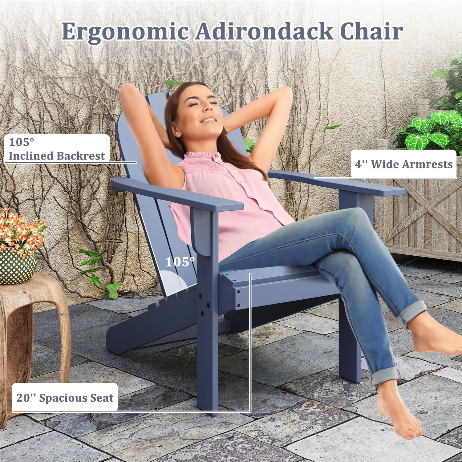 Acacia Wood Lounge Patio Adirondack Chair with Inclined Seat