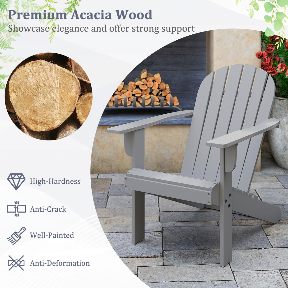 Acacia Wood Lounge Patio Adirondack Chair with Inclined Seat