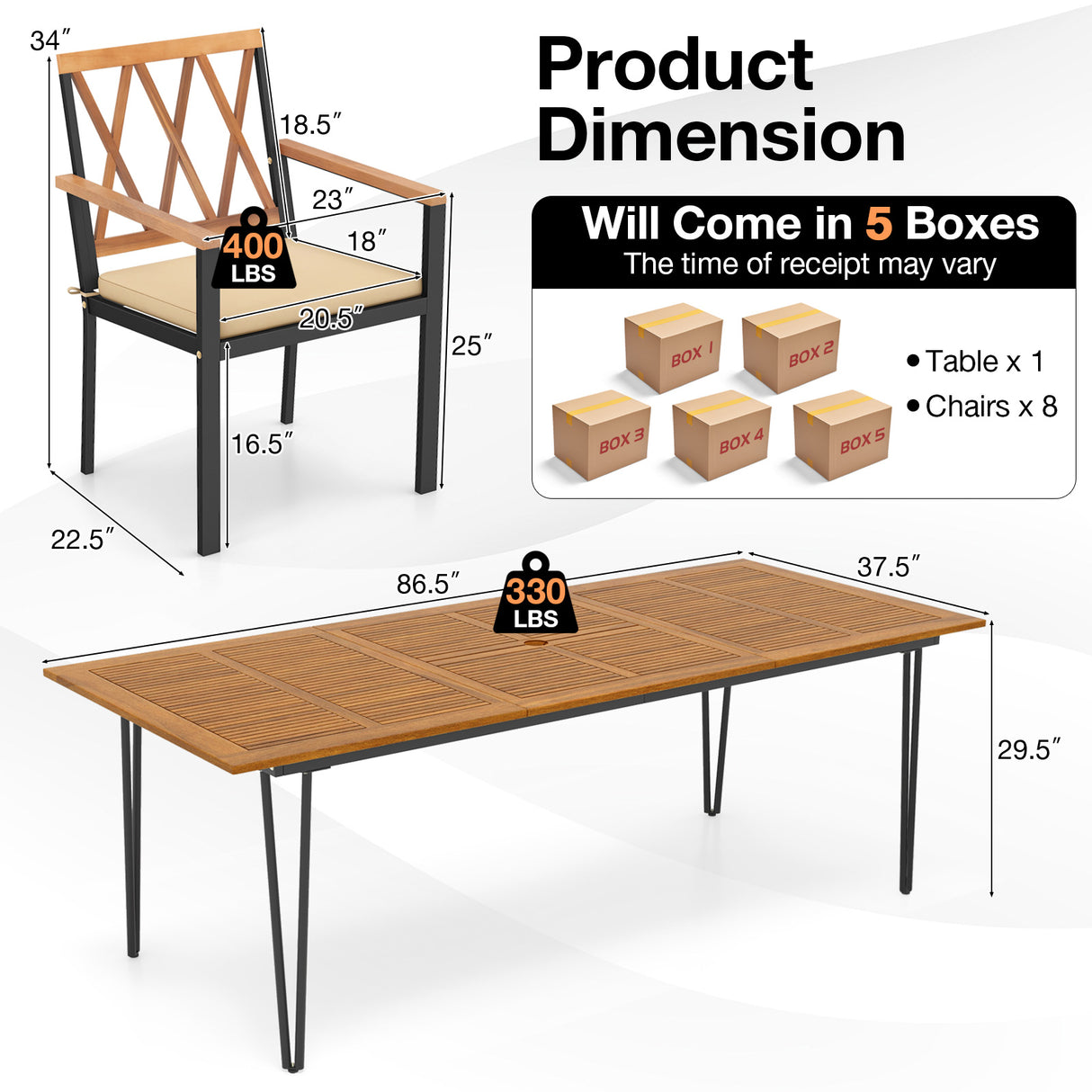 Acacia Wood Outdoor Furniture Set 9 Pieces Patio Dining Set with 8 Chairs