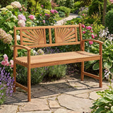 2-Person Acacia Wood Outdoor Garden Bench with Sunburst Back and Curved Armrests