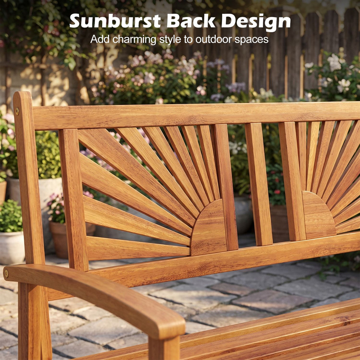 2-Person Acacia Wood Outdoor Garden Bench with Sunburst Back and Curved Armrests