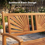 2-Person Acacia Wood Outdoor Garden Bench with Sunburst Back and Curved Armrests
