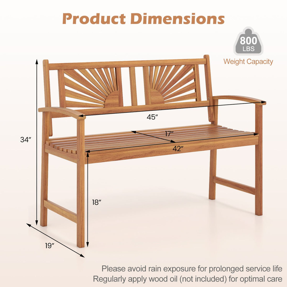 2-Person Acacia Wood Outdoor Garden Bench with Sunburst Back and Curved Armrests