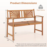 2-Person Acacia Wood Outdoor Garden Bench with Sunburst Back and Curved Armrests
