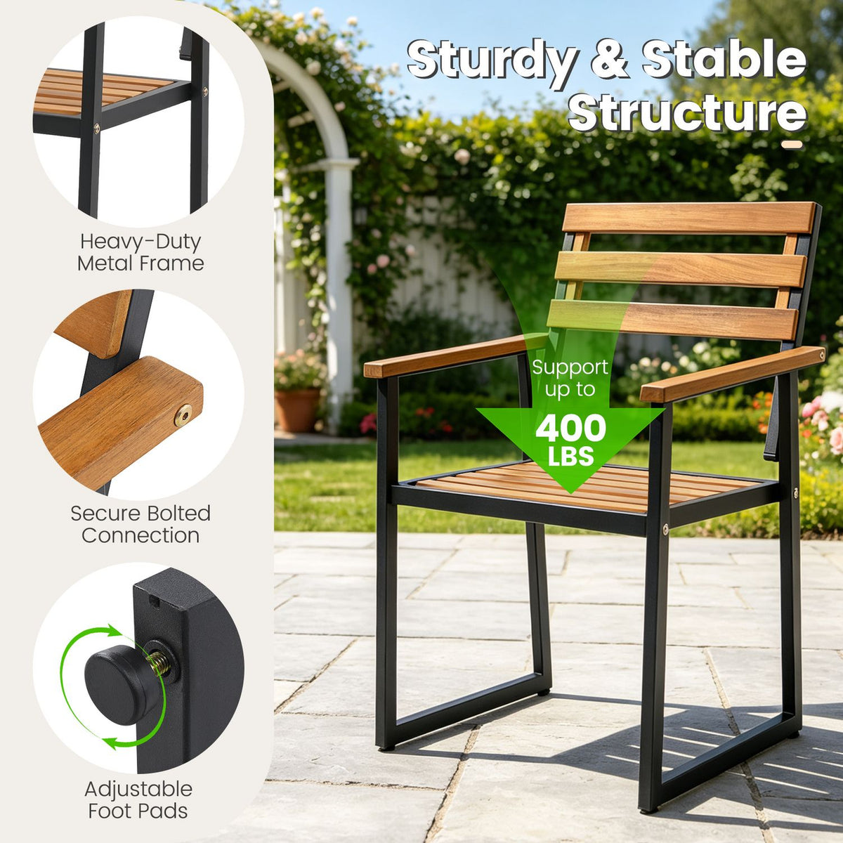 Set of 3 Acacia Wood Outdoor Dining Chairs with Wooden Backrest-Set of 3