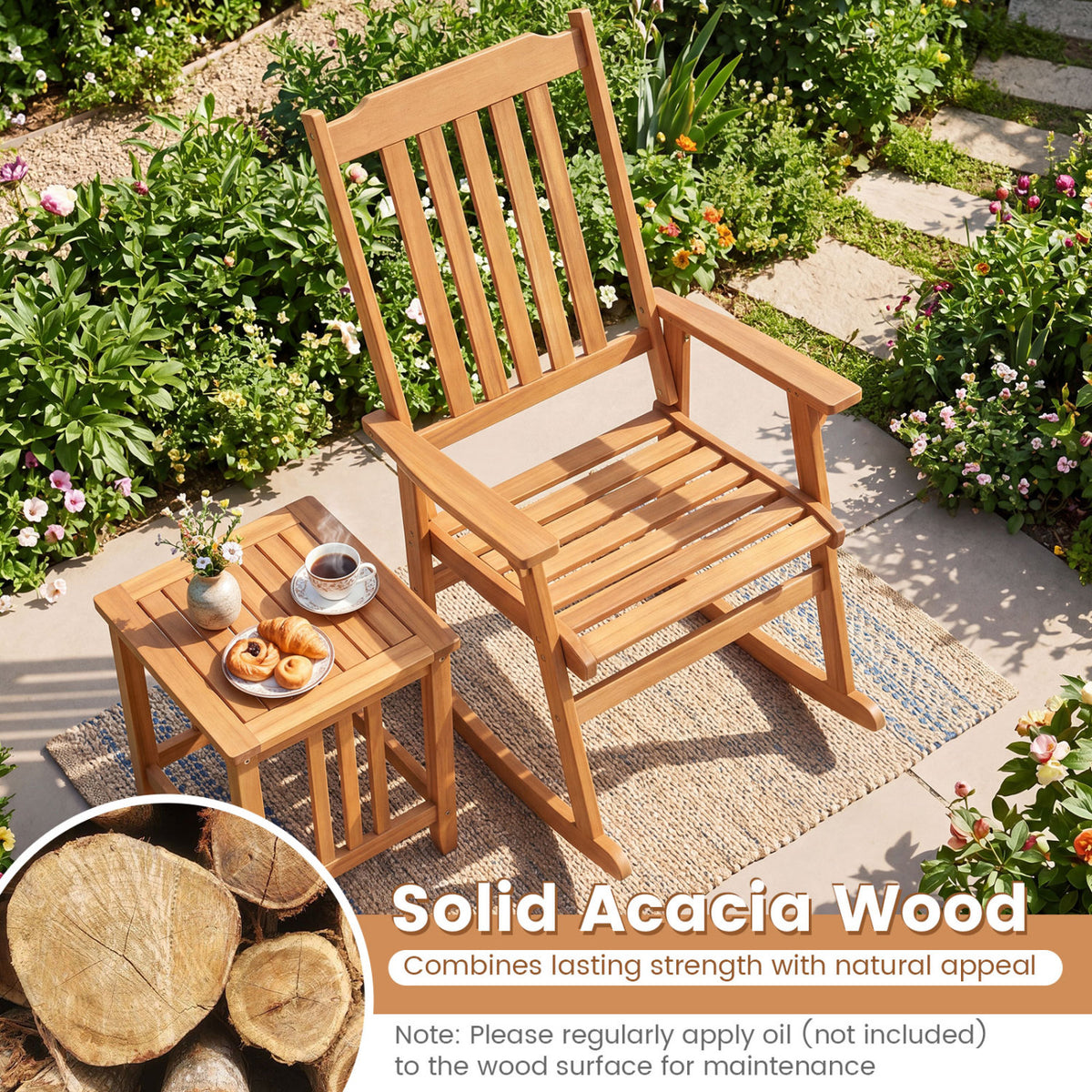 Acacia Wood Oversized Rocking Chair with High Back and Armrests for Outdoor-Natural