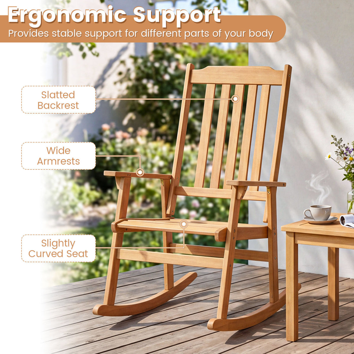 Acacia Wood Oversized Rocking Chair with High Back and Armrests for Outdoor-Natural