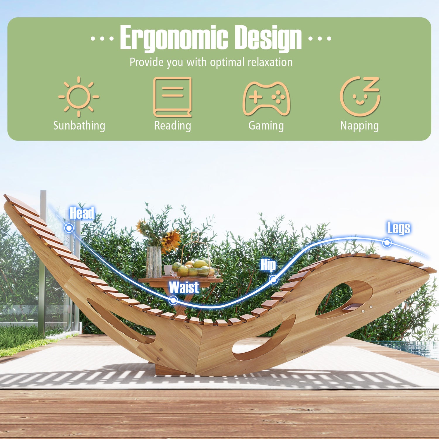 Acacia Wood Patio Rocking Sun Lounger Chaise Lounge with Ergonomic Curved Seat
