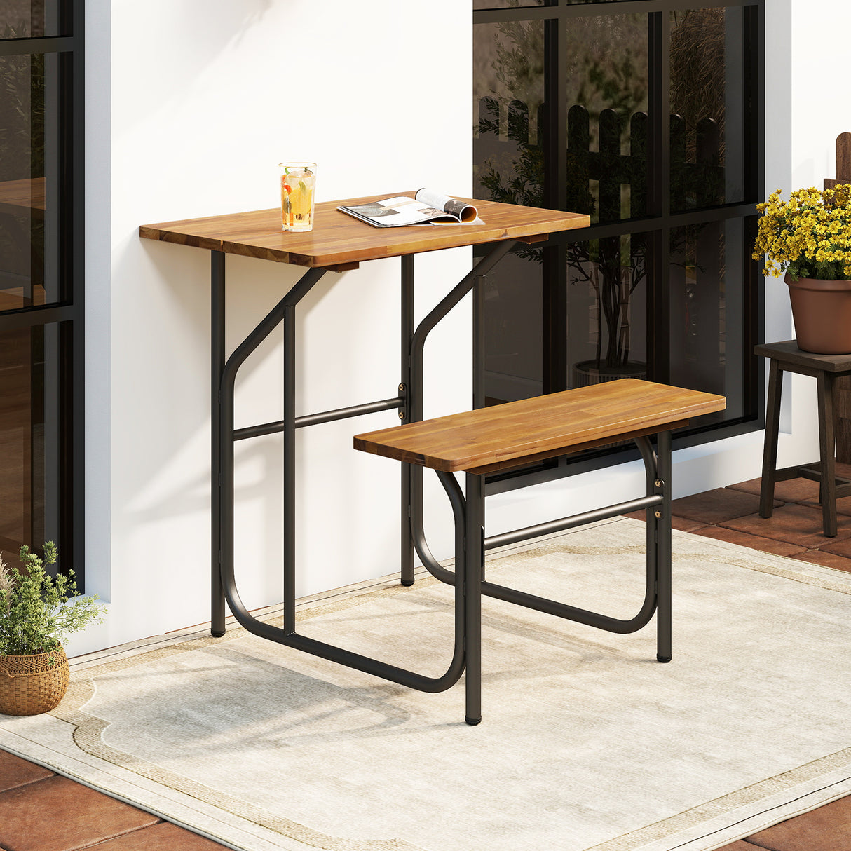 Acacia Wood Patio Table Bench Set One-Side Picnic Table and Seat