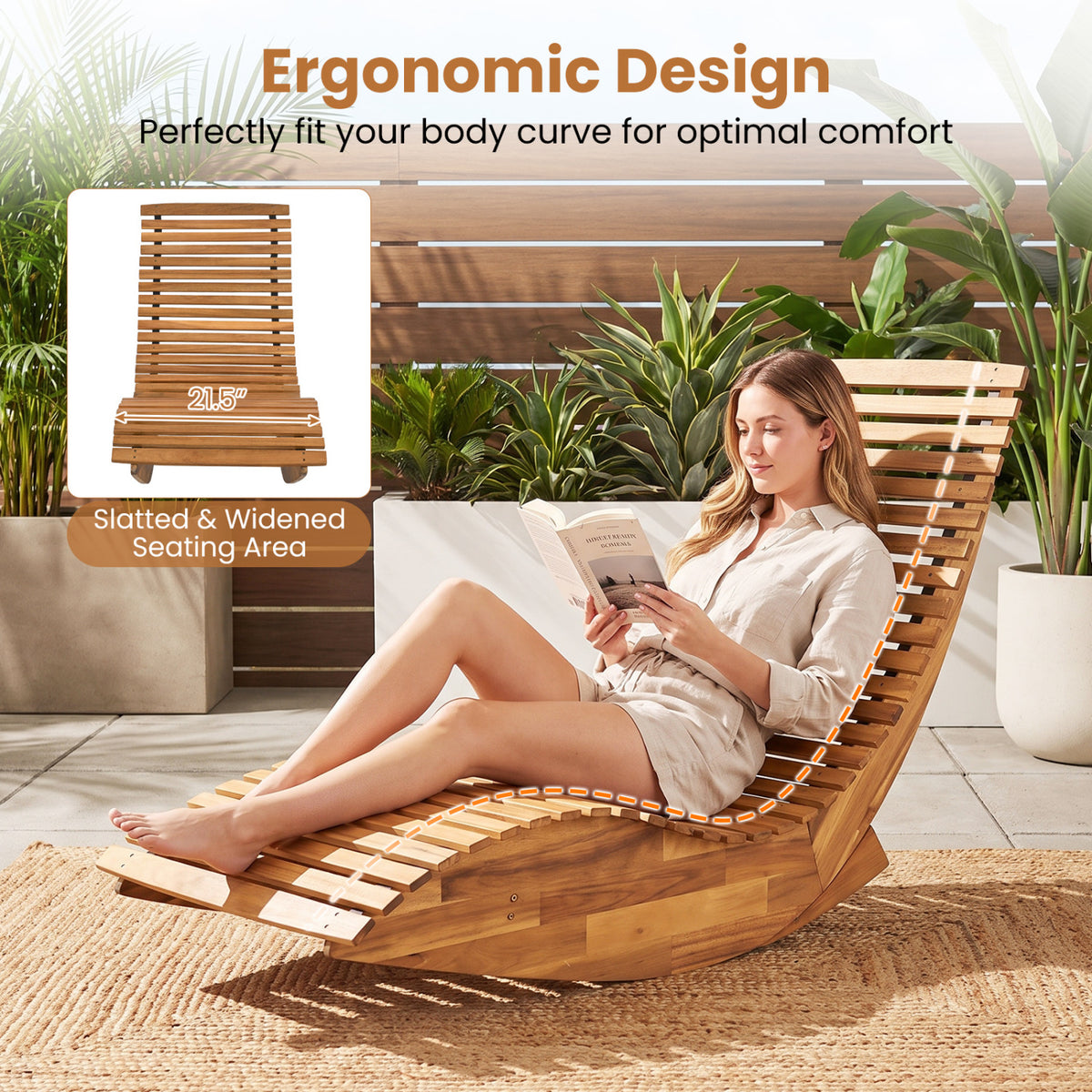 Acacia Wood Rocking Patio Lounge Chair Wooden Rocking Recliner for Garden Lawn-Set of 1