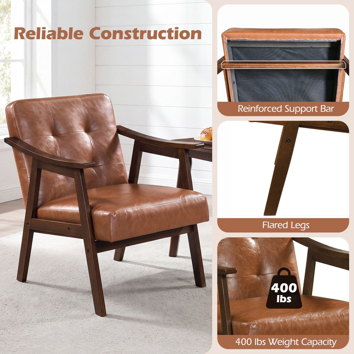 Accent Chair with Inclined Backrest Faux Leather and Soft Cushion for Living Room