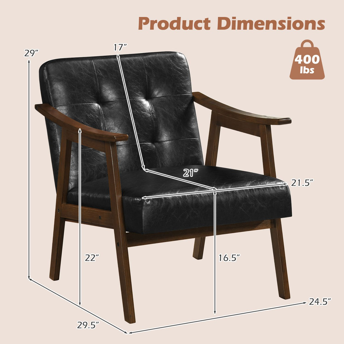 Accent Chair with Inclined Backrest Faux Leather and Soft Cushion for Living Room