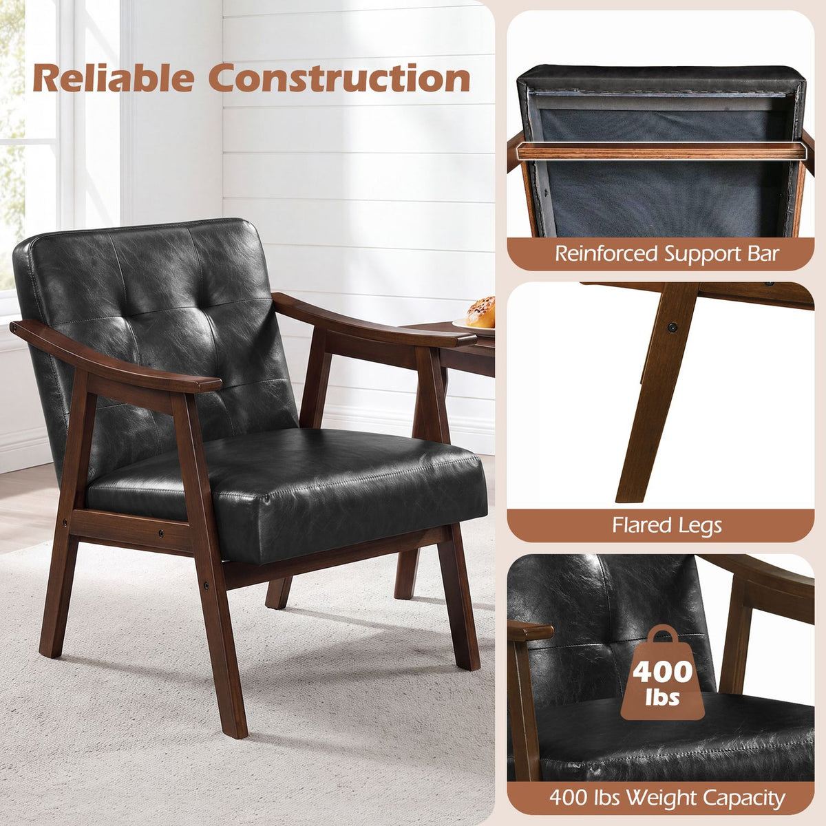 Accent Chair with Inclined Backrest Faux Leather and Soft Cushion for Living Room