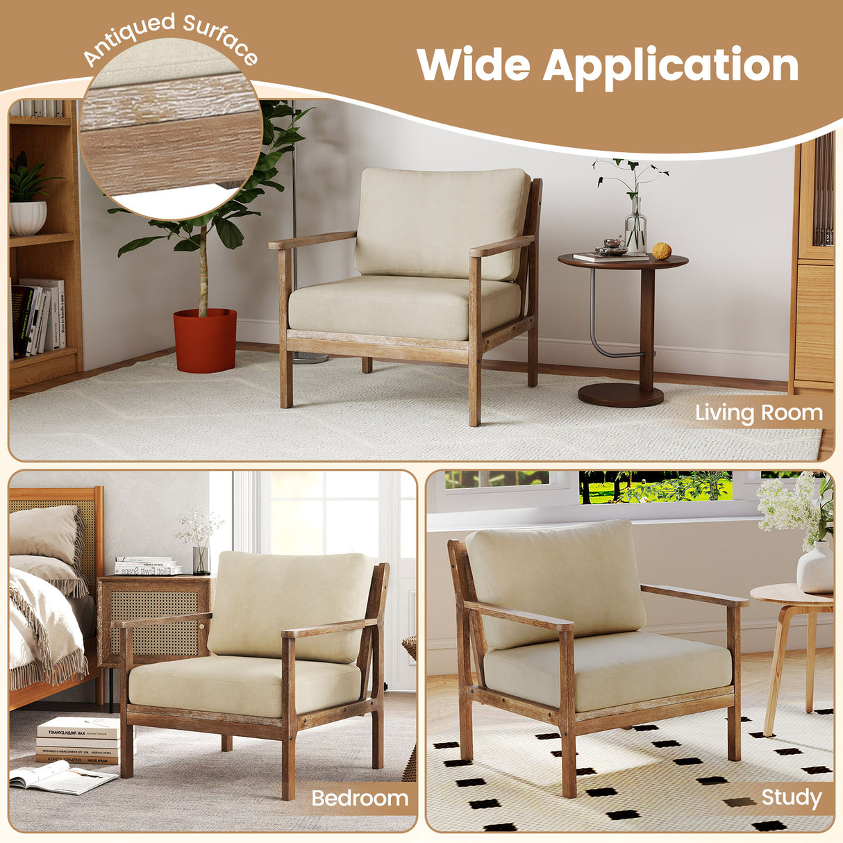 Modern Accent Chair with Solid Rubber Wood Armrests