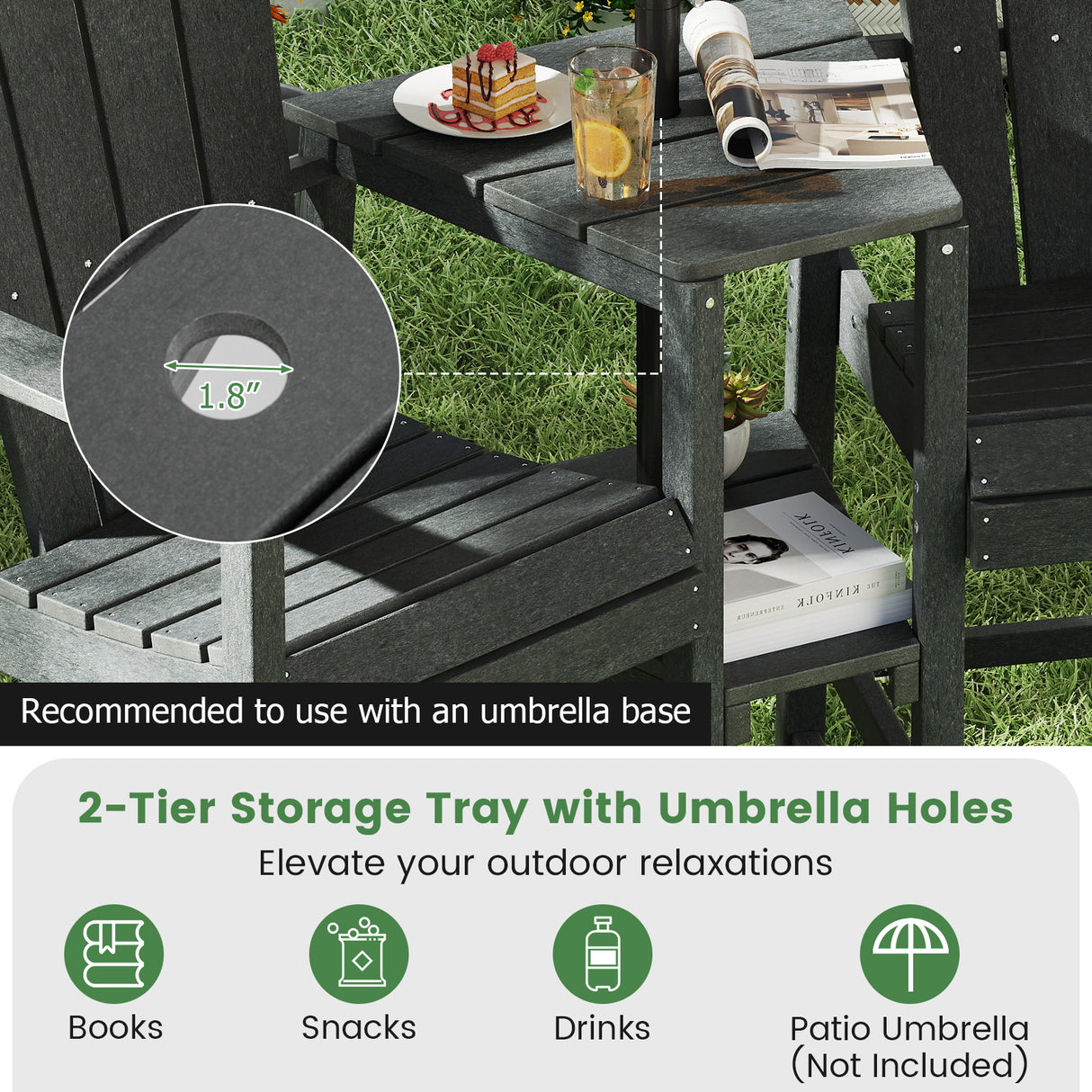 2-Seat Adirondack Chair All-Weather Adirondack Chair with Double Connecting Tray