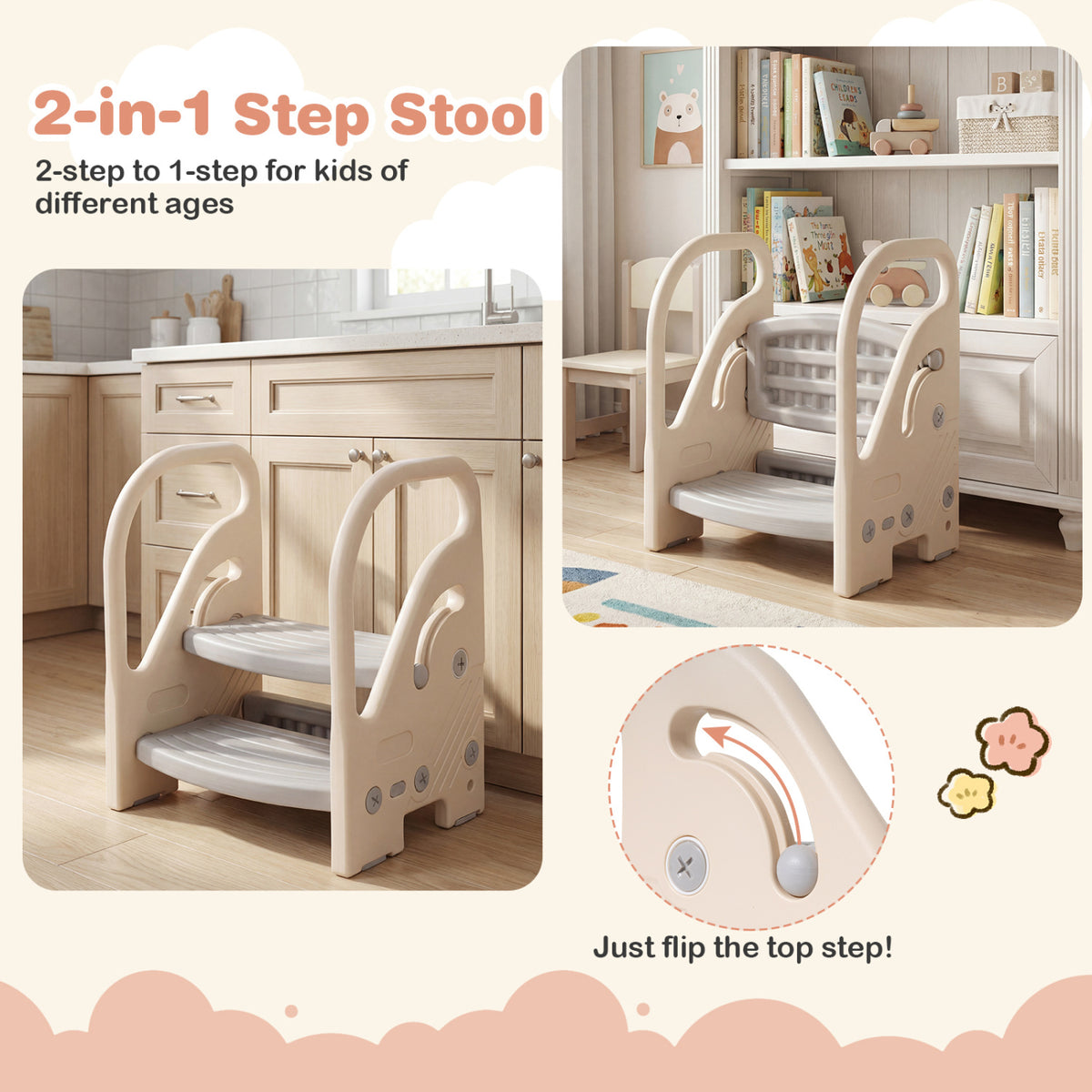 Adjustable 2-Step Kids Helper Stool with Safety Handles and Non-slip Pads for Bedroom-Gray
