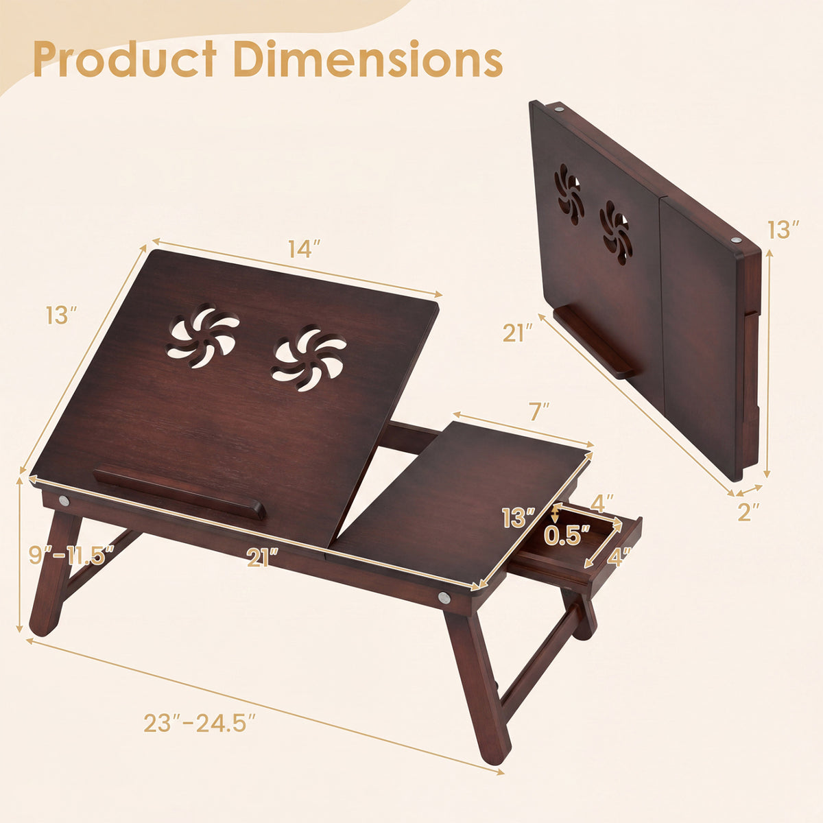 Adjustable Bamboo Laptop Desk with Tilting Top and Adjustable Legs for Wring-Brown