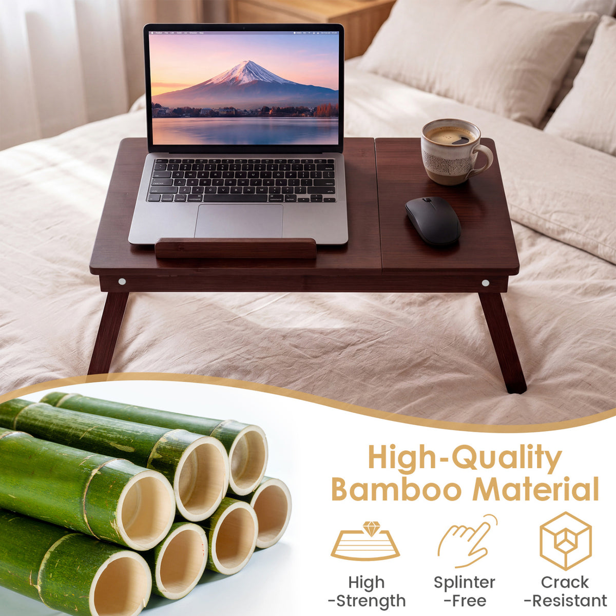 Adjustable Bamboo Laptop Desk with Tilting Top and Adjustable Legs for Wring-Brown