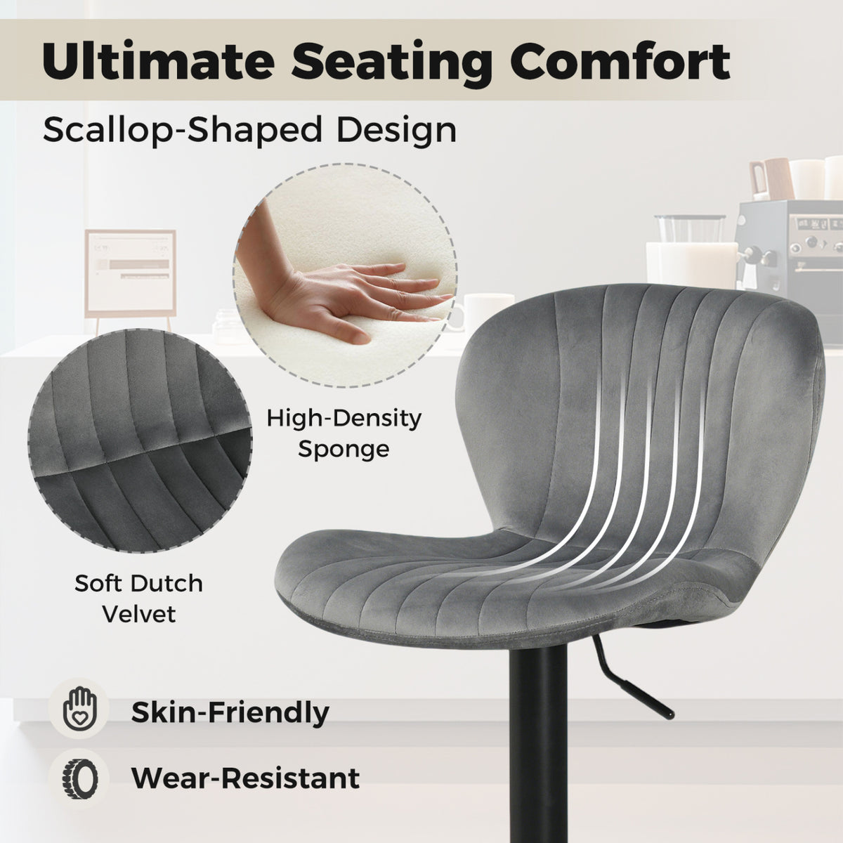Adjustable Counter Height Chairs Set of 4 with Velvet Upholstered Backrests