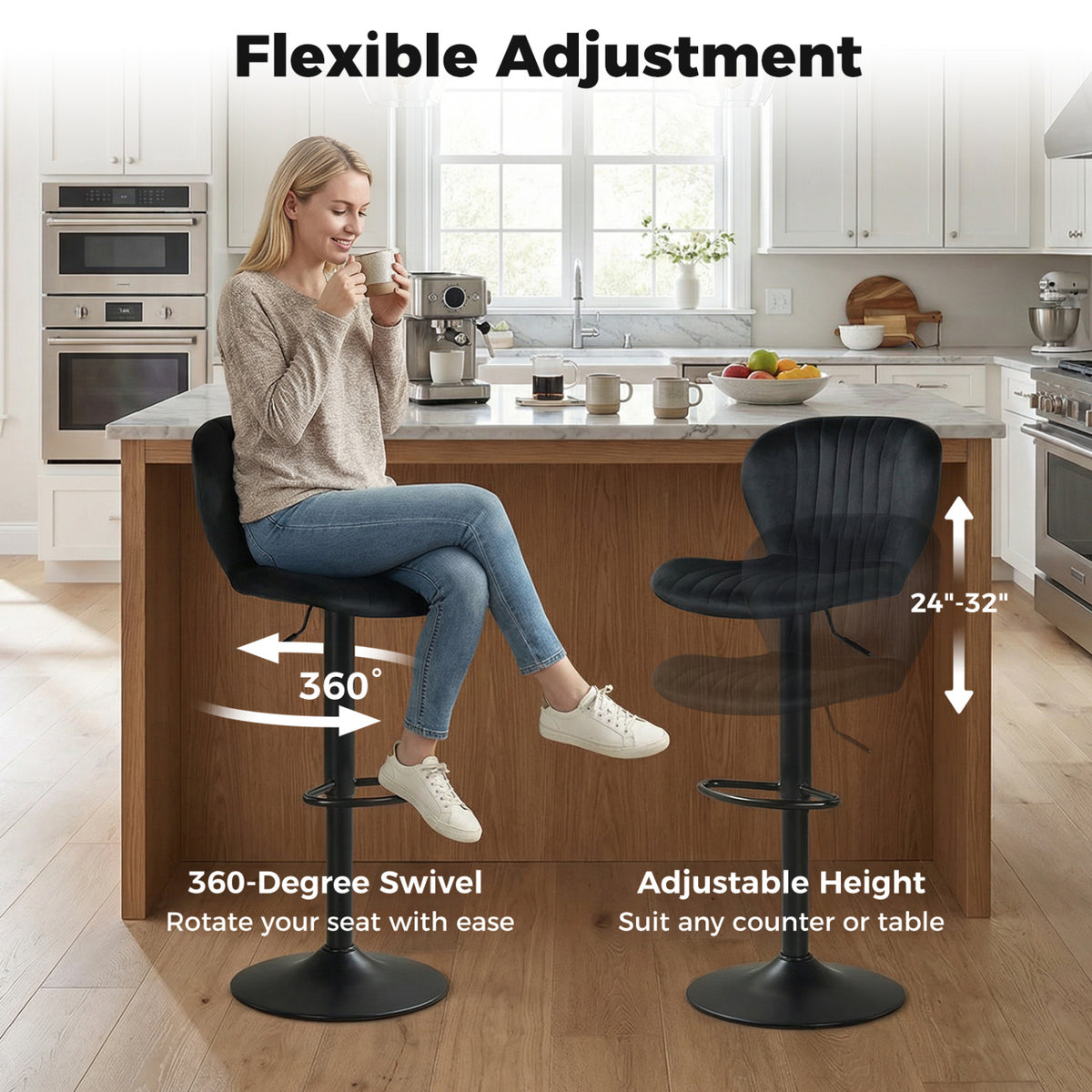 Adjustable Counter Height Chairs Set of 4 with Velvet Upholstered Backrests