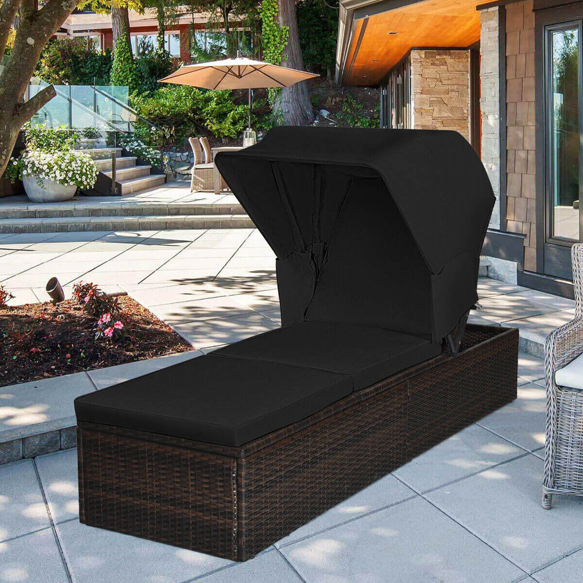 Chaise Cushioned Top Canopy Patio Rattan Lounge Chair with Tea Table