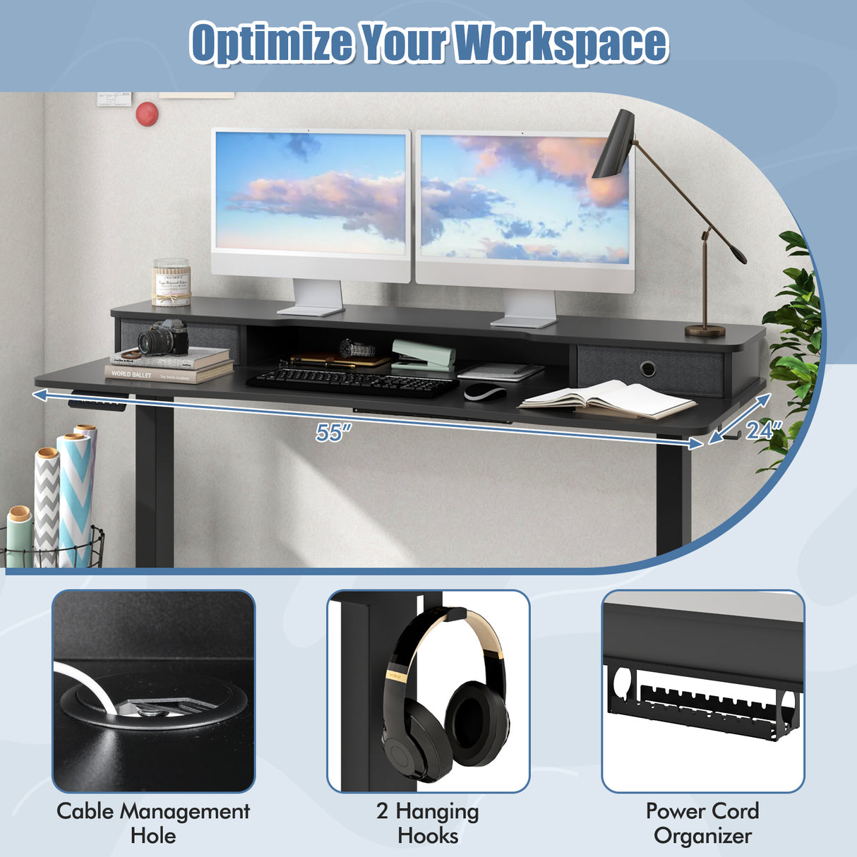 55 Inch x 24 Inch Height Adjustable Electric Standing Desk with 2 Drawers