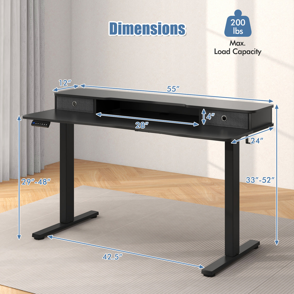 55 Inch x 24 Inch Height Adjustable Electric Standing Desk with 2 Drawers