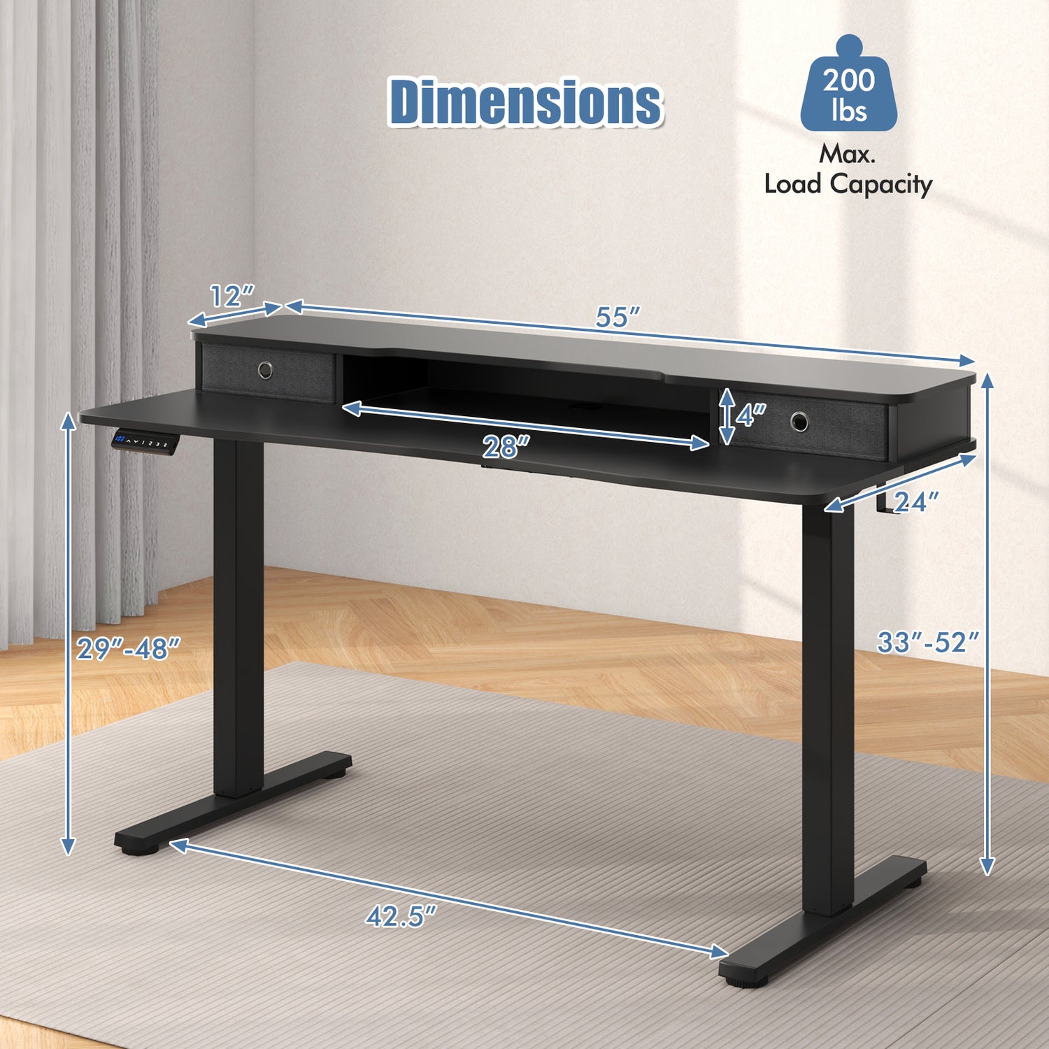55 Inch x 24 Inch Height Adjustable Electric Standing Desk with 2 Drawers