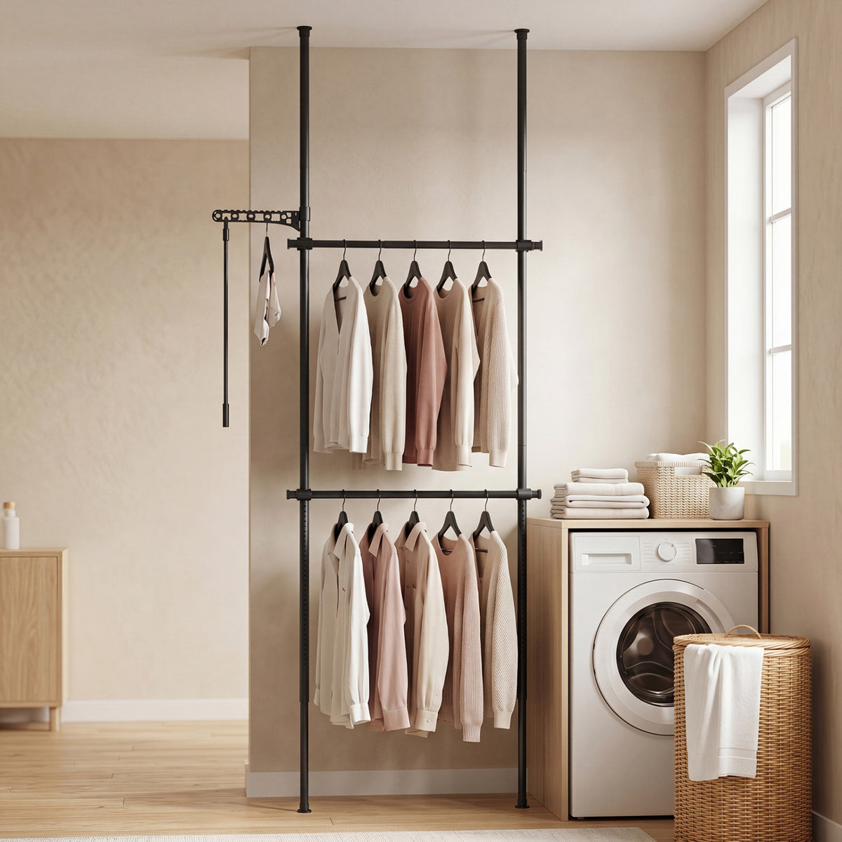 Adjustable Floor to Ceiling Clothes Rack with 2 Hanging Rods-Black