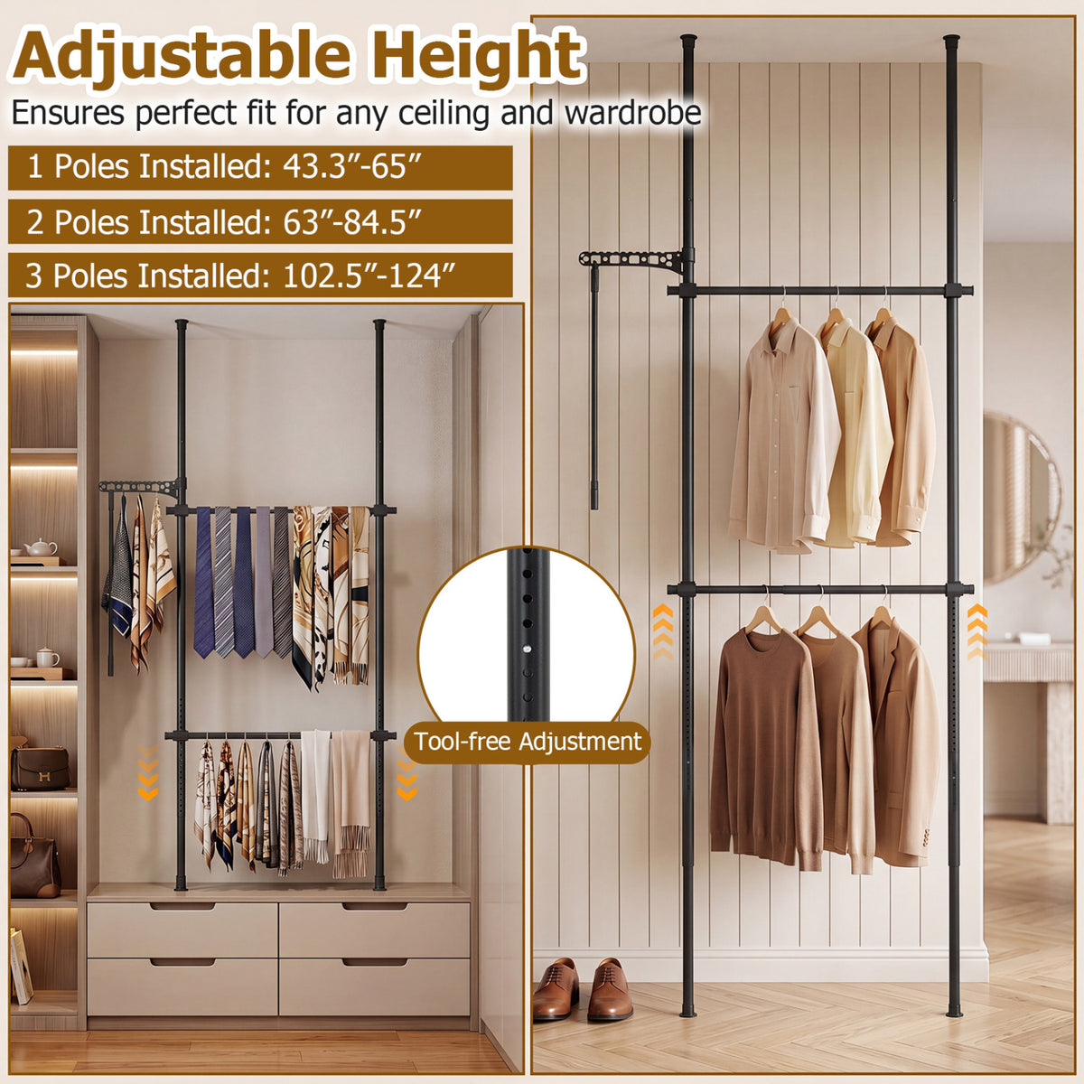 Adjustable Floor to Ceiling Clothes Rack with 2 Hanging Rods-Black