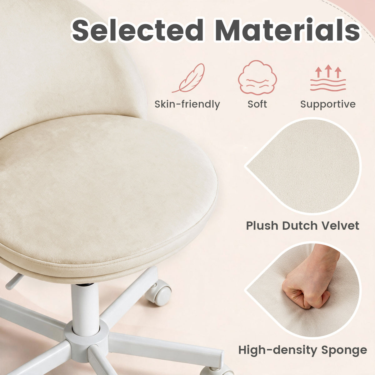 Adjustable Height Ergonomic Makeup Chair with Lumbar Support for Home Office