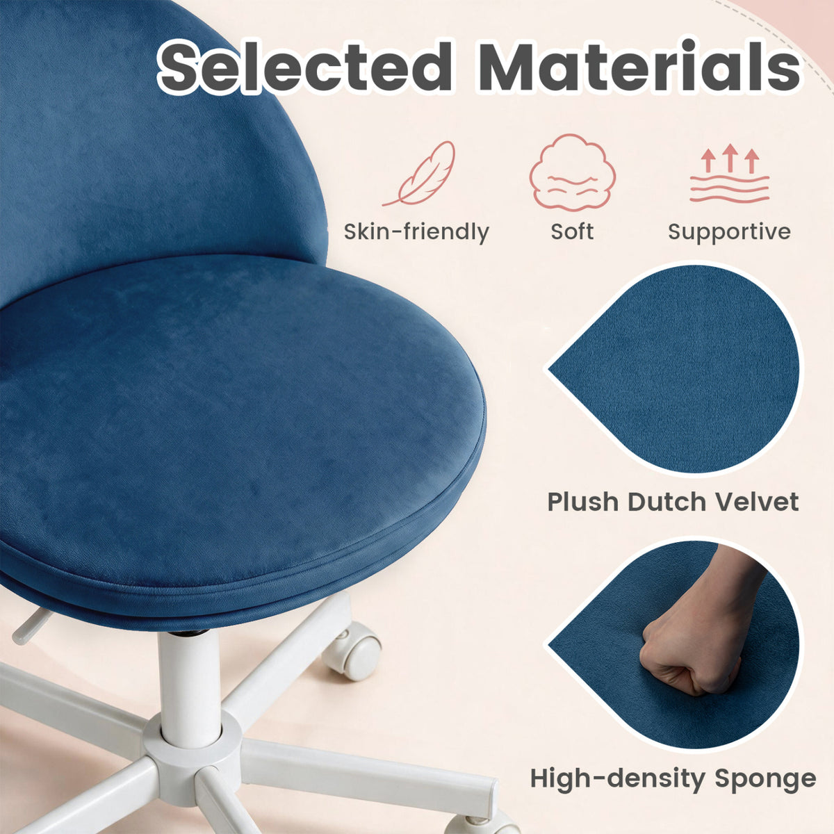 Adjustable Height Ergonomic Makeup Chair with Lumbar Support for Home Office