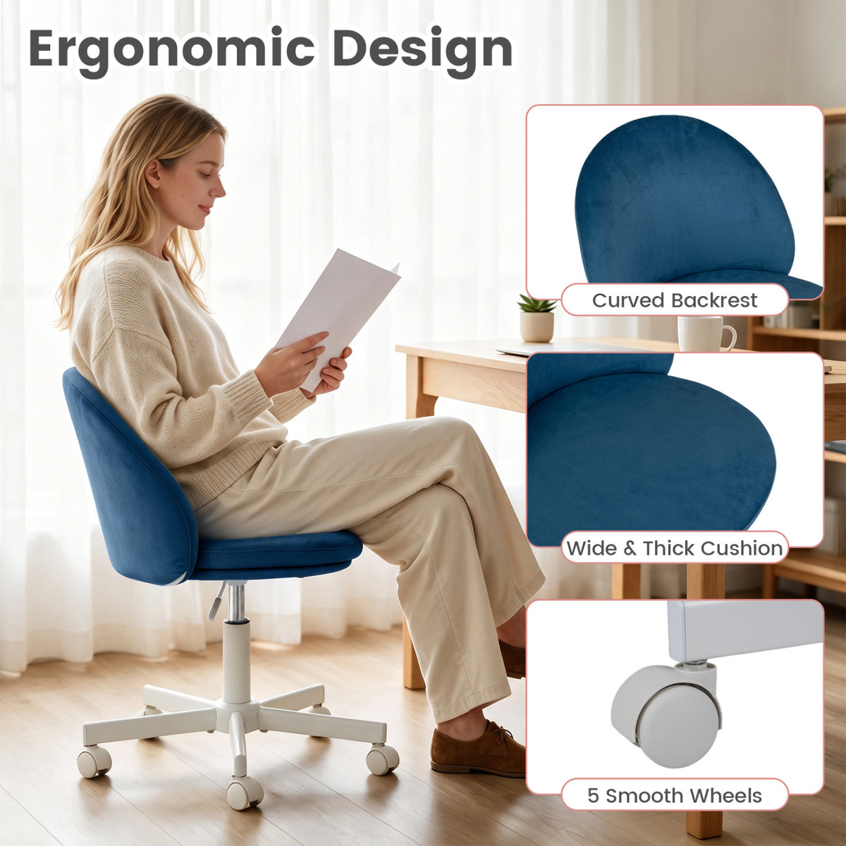 Adjustable Height Ergonomic Makeup Chair with Lumbar Support for Home Office