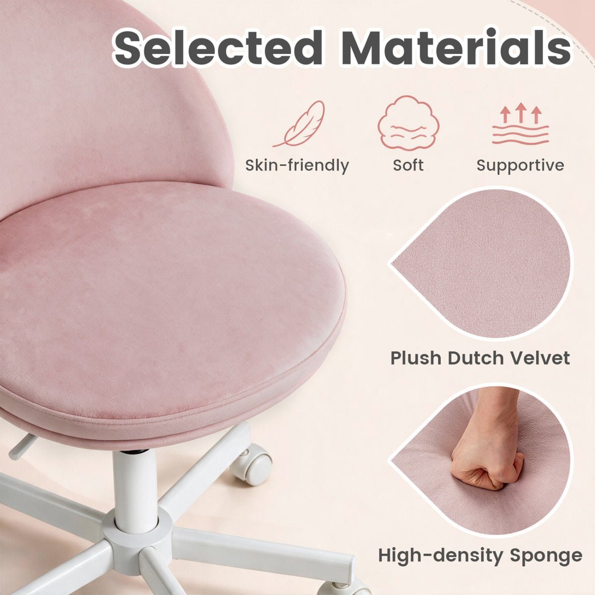 Adjustable Height Ergonomic Makeup Chair with Lumbar Support for Home Office