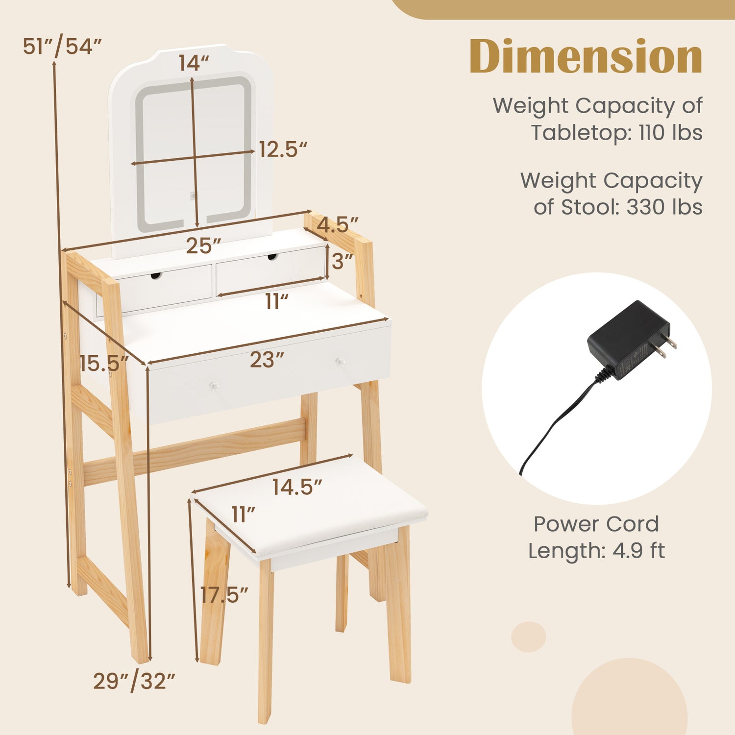 Adjustable Height Vanity Desk Set with 3-Color LED Lighted Mirror and Drawers-White