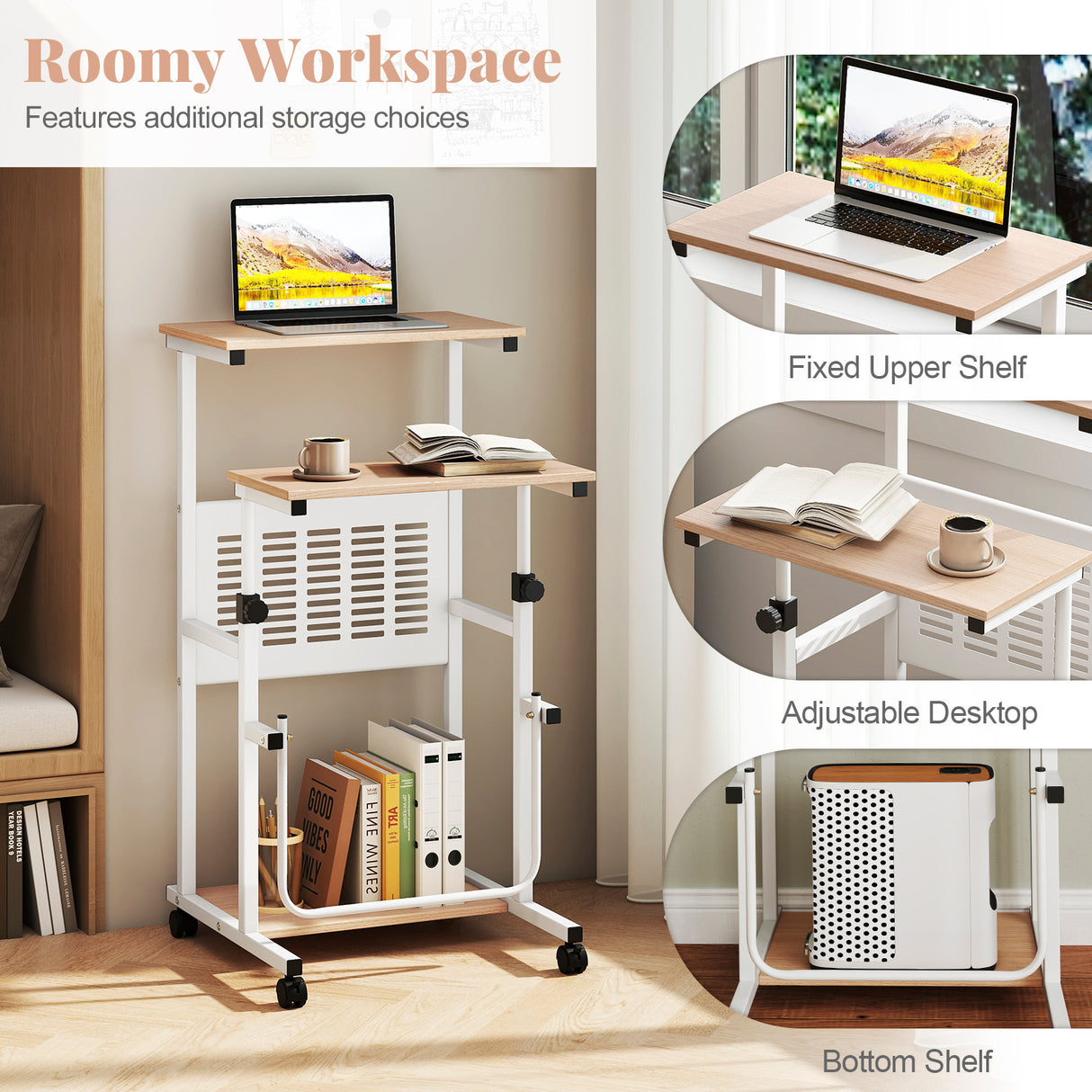 Height Adjustable Mobile Computer Stand-Up Desk with 2 Modes